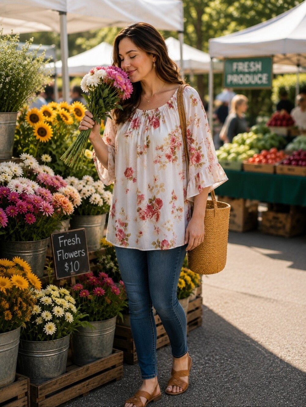 Emma Rose Peasant Floral Flowers Flowers Cabbage Roses Flowing Blouse Small